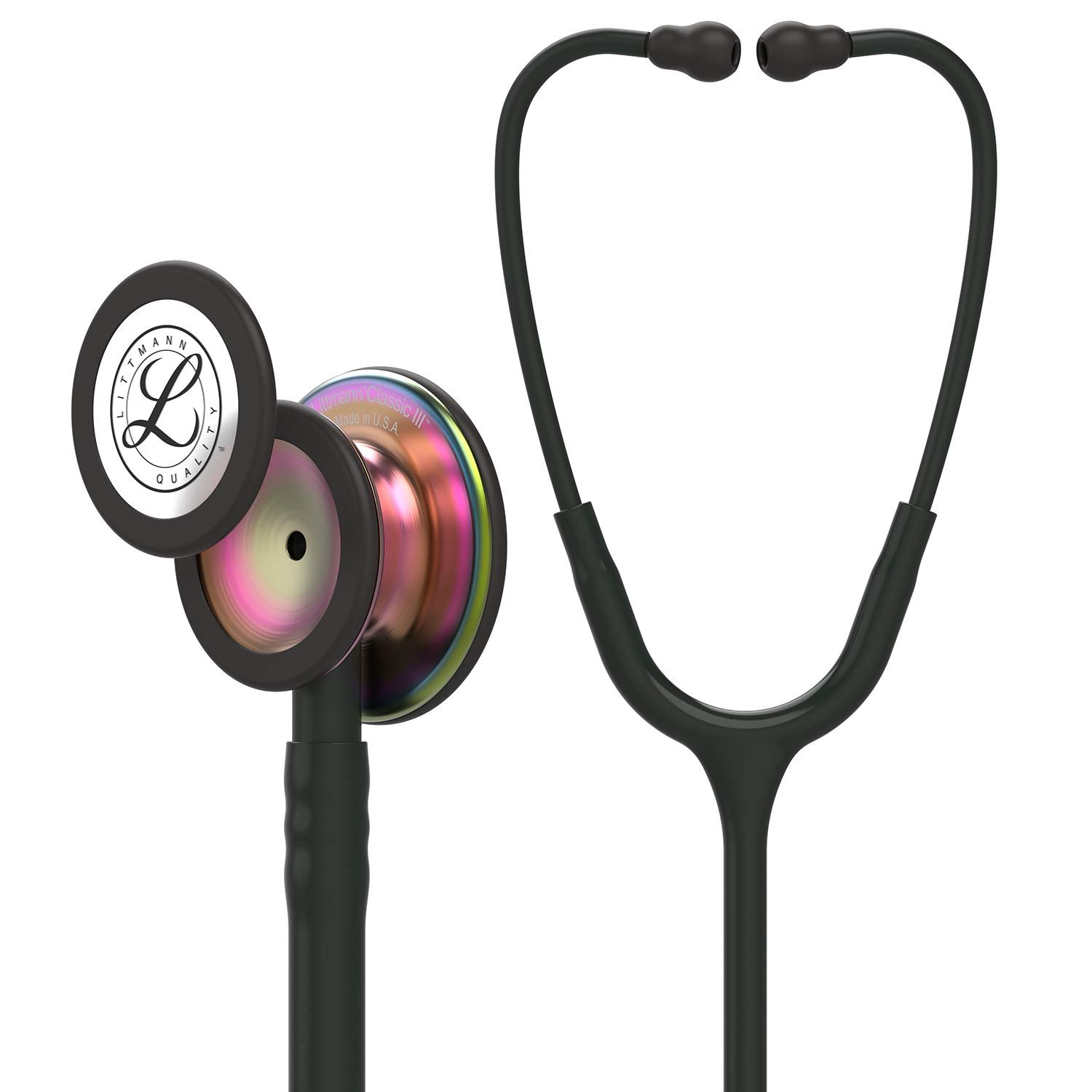 3M-Littmann-Classic-III-Monitoring-Stethoscope-Rainbow-Finish-Chestpiece-black-stem-and-headset-Black-Tube-5870-56XfS